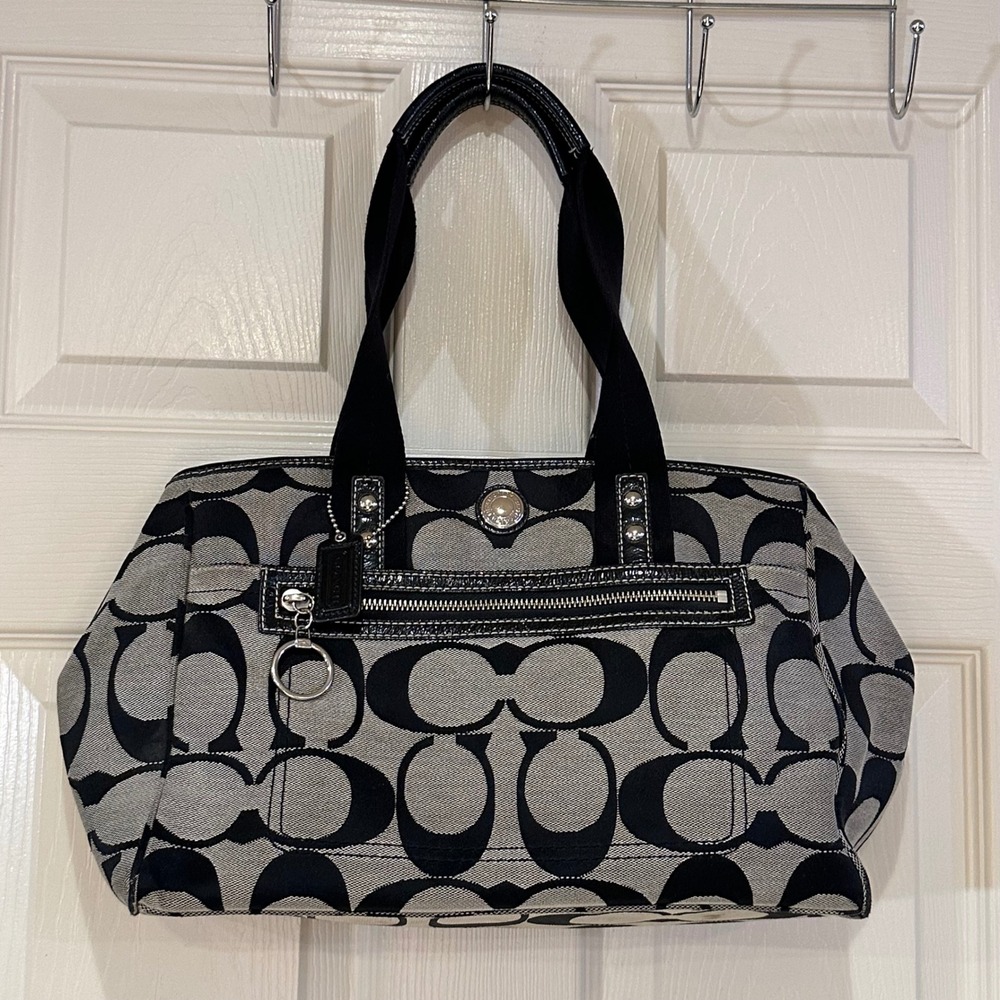 Coach Signature Gallery Tote Black Grey Canvas Patent Leather Bag
